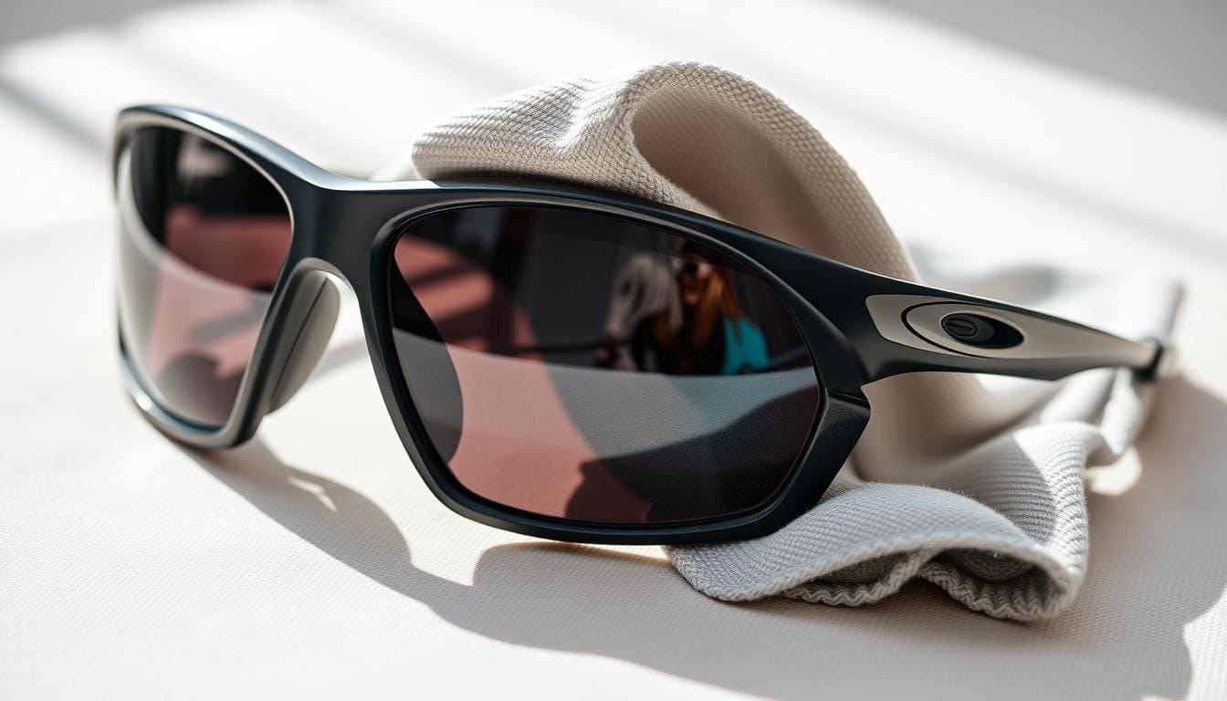 A clean, well-lit close-up of a pair of sports sunglasses being gently wiped with a microfiber cloth, showcasing the lens and frame in exceptional detail. The sunglasses are positioned on a soft, neutral-colored surface, allowing the focus to remain on the cleaning process. Soft, natural lighting illuminates the scene, casting gentle shadows and highlighting the texture of the materials. The overall mood is one of care and attention, conveying the importance of properly maintaining one's sports eyewear for optimal performance and durability.