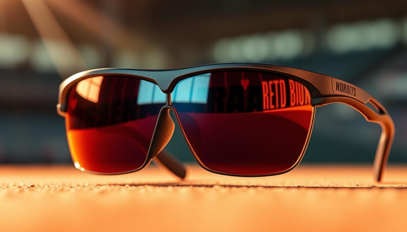 A close-up view of high-performance baseball sunglasses, showcasing their distinctive features. Sleek, lightweight frames with wraparound lenses to provide exceptional coverage and protection. Polarized lenses with a tinted gradient from top to bottom, reducing glare and enhancing contrast for optimal visibility on the field. Flexible, adjustable nose pads and temple tips for a secure, customizable fit. The sunglasses are illuminated by warm, directional lighting, highlighting their modern, sporty aesthetic. The foreground is in sharp focus, with a subtly blurred background to draw the eye to the key details.