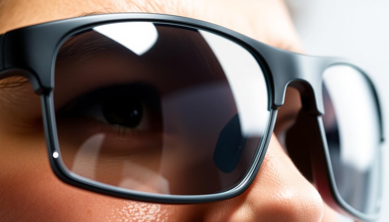 A closeup view of a pair of polycarbonate lenses with a sleek, modern design. The lenses have a slight tint and a glossy, scratch-resistant surface. They are set in a lightweight, durable frame that wraps around the face, providing a secure and comfortable fit. The lenses are shaped to offer wide peripheral vision and enhanced depth perception, crucial for sports and outdoor activities. Bright, directional lighting highlights the intricate textures and reflections of the lenses, conveying a sense of high-quality craftsmanship and advanced technology. The image exudes a sense of precision, clarity, and performance, perfectly suited for the &quot;Key Features to Look for in Sports Eyewear&quot; section.
