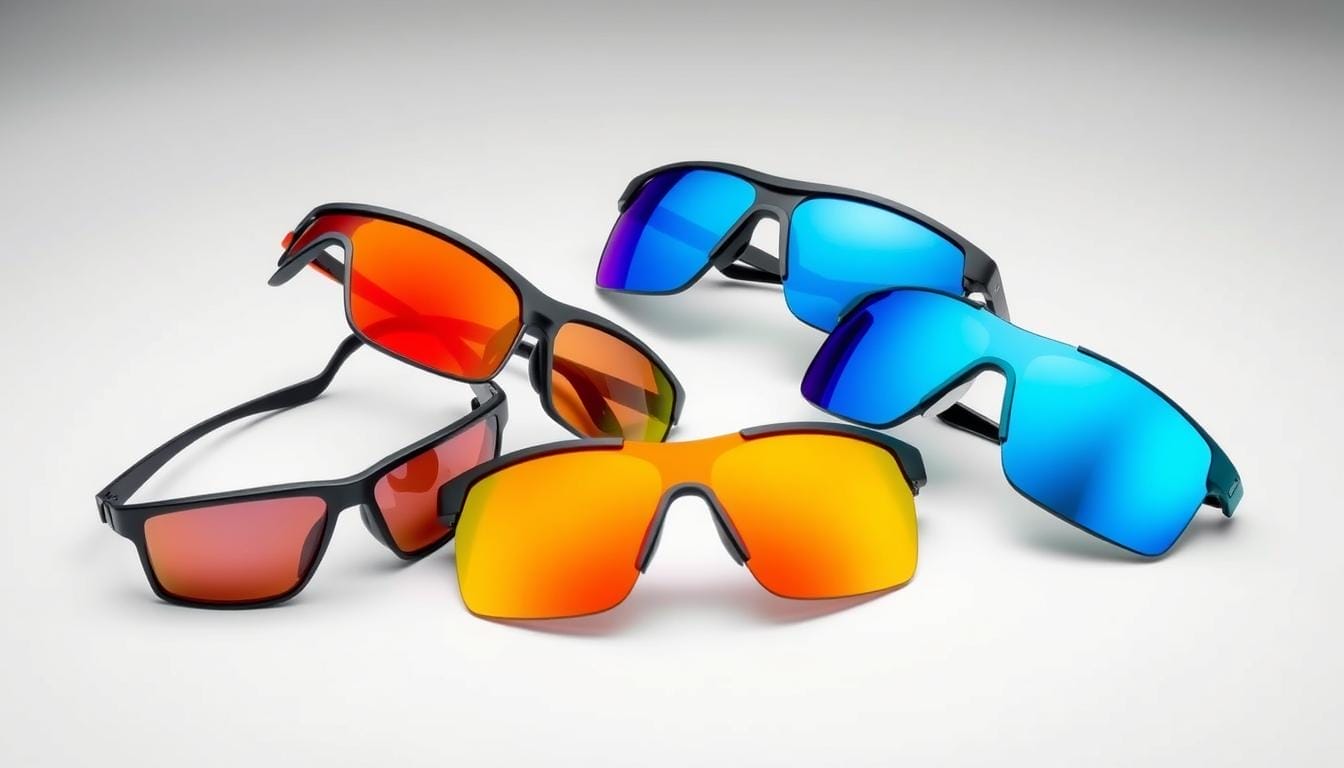 A high-angled, well-lit studio shot showcasing five pairs of top-quality anti-fog sports eyewear. The products are prominently displayed against a clean, minimalist background, allowing their sleek designs and advanced lens technologies to take center stage. The diverse selection includes wraparound frames, rimless styles, and mirrored lenses in a range of vibrant colors like matte black, neon orange, and metallic blue. Subtle reflections on the lenses suggest their superior anti-fog capabilities, while the overall composition conveys a sense of premium quality and performance-driven innovation.
