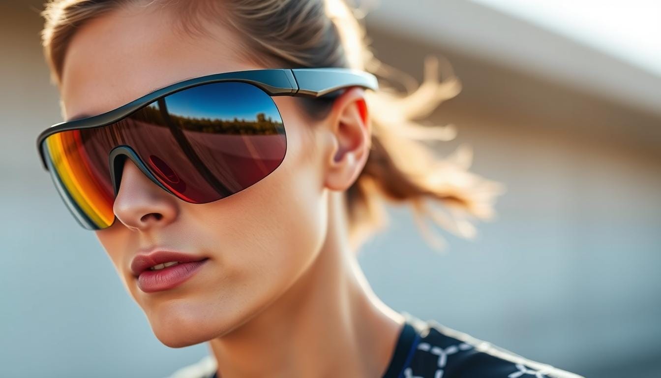 A pair of high-performance sports sunglasses with sleek, wraparound frames designed for runners. The lenses are tinted with a gradient effect, offering optimal UV protection and glare reduction during outdoor training. The lightweight, flexible frame hugs the contours of the face, ensuring a secure, comfortable fit even during high-intensity workouts. The streamlined, aerodynamic design minimizes wind resistance, allowing the runner to maintain their pace effortlessly. The sunglasses are accented with bold, athletic-inspired colorways that complement an active lifestyle. The scene is set against a blurred background, emphasizing the sunglasses as the focal point and conveying a sense of motion and energy.