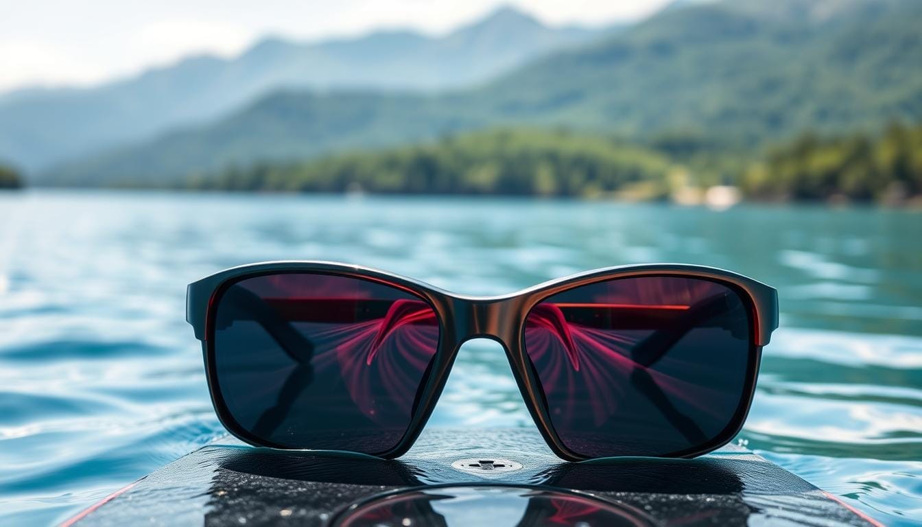 A pair of high-quality, polarized sports sunglasses sits at the center of the frame, reflecting the bright sunlight and crystal-clear water of a tranquil lake or ocean scene. The sleek, aerodynamic frames are designed for active outdoor wear, with durable, lightweight materials and adjustable temple tips for a secure, comfortable fit. The lenses offer superior glare reduction and UV protection, allowing the wearer to clearly see the details of the surrounding environment while engaging in water sports such as sailing, kayaking, or stand-up paddleboarding. The background is filled with a serene, blurred landscape of verdant trees and mountains, creating a sense of peaceful, adventurous escapism.