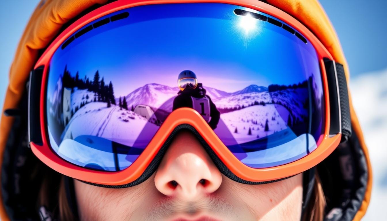 A pair of high-quality ski goggles with a sleek, contemporary design. The goggles feature impact-resistant polycarbonate lenses that provide 100% UV protection, ensuring clear and distortion-free vision even in the brightest snow conditions. The flexible, adjustable frame fits comfortably over the wearer's face, creating a secure and snug seal to prevent wind and snow from entering. The lenses have a mirrored finish that reduces glare and enhances clarity, while the ventilation system prevents fogging. The overall aesthetic is sporty and modern, making these goggles a perfect choice for the dedicated skier seeking both style and functionality.
