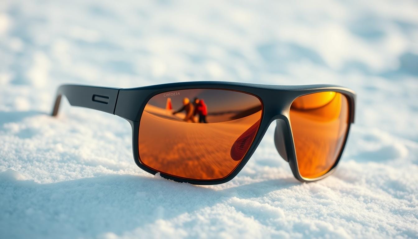 A pair of high-quality winter sports sunglasses, crafted with a sleek and modern design. The frames are made of durable, lightweight materials that can withstand the harsh outdoor conditions of the slopes. The lenses are tinted with a warm, amber hue that provides exceptional glare and UV protection, reducing eye strain and allowing the wearer to focus on the snowy terrain. The sunglasses have a wraparound shape that hugs the face, creating a comfortable and secure fit, perfect for active winter sports. The overall aesthetic blends style and functionality, making these sunglasses a must-have accessory for any outdoor enthusiast seeking to conquer the winter wonderland.