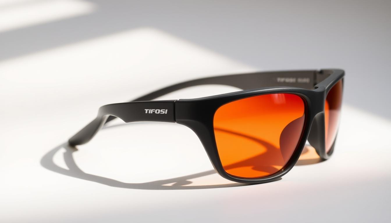 A pair of lightweight, sporty Tifosi Vero sunglasses in a matte black frame with orange-tinted, scratch-resistant polycarbonate lenses. The glasses have a wraparound design for excellent eye coverage and a soft, adjustable nose pad for a comfortable, secure fit. The lenses offer 100% UV protection and are ideal for outdoor activities like running, cycling, or hiking. The glasses are positioned on a plain, light-colored surface, illuminated by soft, natural light from the side, casting subtle shadows. The overall mood is one of practical, budget-friendly functionality and active, outdoor use.