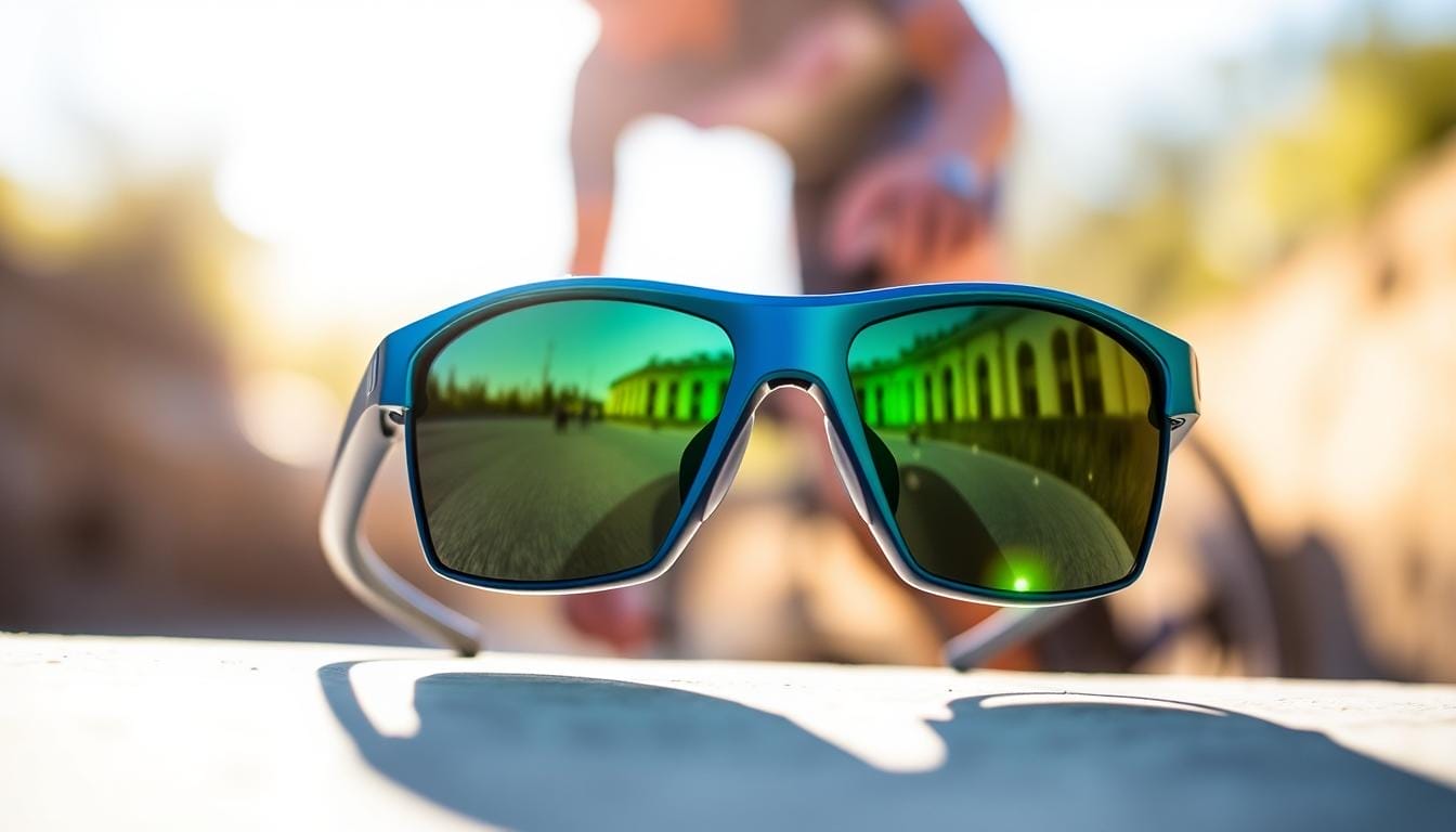 A pair of sleek, high-performance cycling sunglasses with a bold, sporty design. The frame is crafted from lightweight, durable materials in a striking, metallic blue hue. The lenses are tinted a deep, mirrored green, providing exceptional glare protection and UV shielding. The sunglasses are positioned against a blurred, sun-dappled backdrop, capturing the dynamic energy of an outdoor cycling adventure. The lighting is bright and directional, casting dramatic shadows that accentuate the angular, aerodynamic silhouette of the eyewear. An overall sense of speed, motion, and technical sophistication permeates the image, perfectly suited to highlight the "Best for Cycling: Zeal Harbinger" sunglasses.