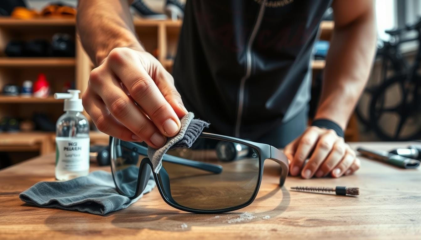 A person meticulously cleaning and maintaining their cycling eyewear on a wooden workbench. The foreground features the glasses, with the lenses being carefully wiped down with a microfiber cloth. The middle ground shows various cleaning supplies such as lens solution and a small brush. The background depicts a well-lit, organized workspace with shelves holding other cycling gear. The lighting is soft and diffused, highlighting the attention to detail in the eyewear maintenance process. The overall atmosphere conveys a sense of care and dedication to preserving high-performance cycling equipment.