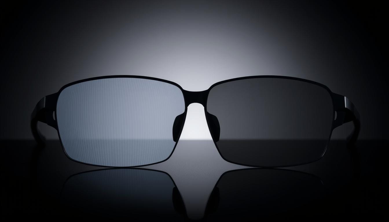 A side-by-side comparison of polarized and photochromic sports eyewear lenses against a glossy black background. In the foreground, the polarized lens exhibits a distinct linear pattern, reducing glare and enhancing contrast. The photochromic lens in the middle darkens and adapts to changing light conditions, providing versatile protection. In the background, a subtle gradient of lighting creates a professional, technical atmosphere, highlighting the intricate lens details. The overall composition emphasizes the key differences between these specialized lens types, essential for active outdoor use.