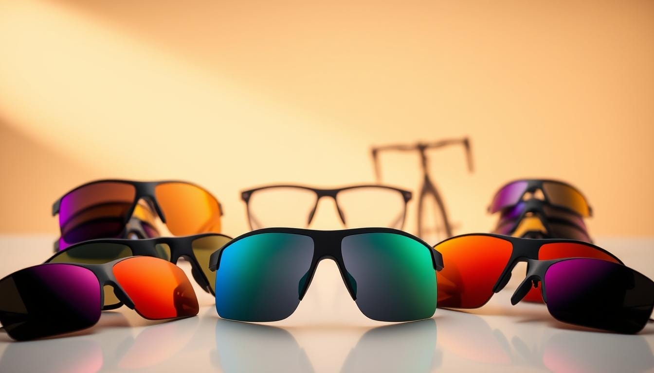 A sophisticated array of interchangeable cycling lenses arranged in a visually striking display. In the foreground, a selection of high-quality, impact-resistant lenses in various tints and gradients, capturing the dynamic nature of cycling under different light conditions. The middle ground showcases the sleek, ergonomic frames, designed for a secure and comfortable fit. In the background, a clean, minimalist environment with warm, diffused lighting, highlighting the technical details and premium craftsmanship of these game-changing eyewear solutions for cyclists.