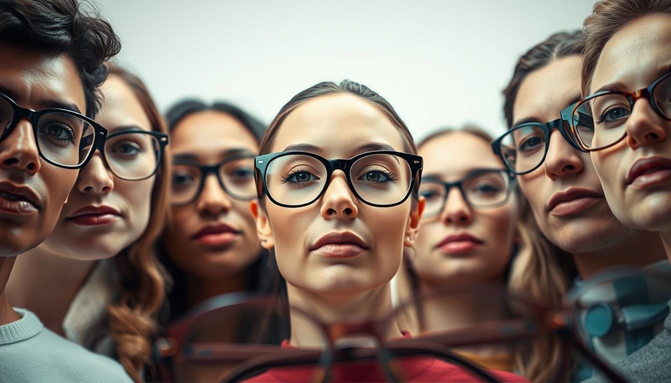 A well-lit studio shot of a diverse set of face shapes and eyewear frame styles, showcasing how different facial features can be accentuated by the right glasses. A central close-up of a face in the middle ground, with a variety of frame options in the foreground and background, capturing the nuances of shape, color, and material. The lighting is soft and directional, creating depth and texture. The overall mood is one of thoughtful consideration, inviting the viewer to explore how the right eyewear can enhance one's natural facial features.