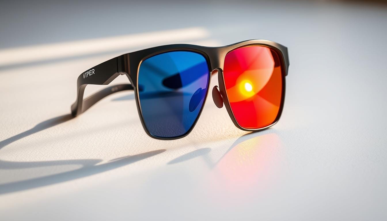 An exquisite pair of Pit Viper sunglasses rests on a pristine white surface, their bold, angular frames exuding a sense of effortless style and rugged athleticism. The lenses, tinted in a mesmerizing gradient of deep blue to vivid orange, capture the essence of the Sun's rays as they dance across the frame's sleek contours. Subtle details, such as the iconic Pit Viper logo and the hint of a mirrored finish, add a touch of sophistication to the design. The lighting, meticulously crafted to highlight the sunglasses' form and function, casts a warm, inviting glow that invites the viewer to imagine the thrilling outdoor adventures these eyewear are designed to enhance.