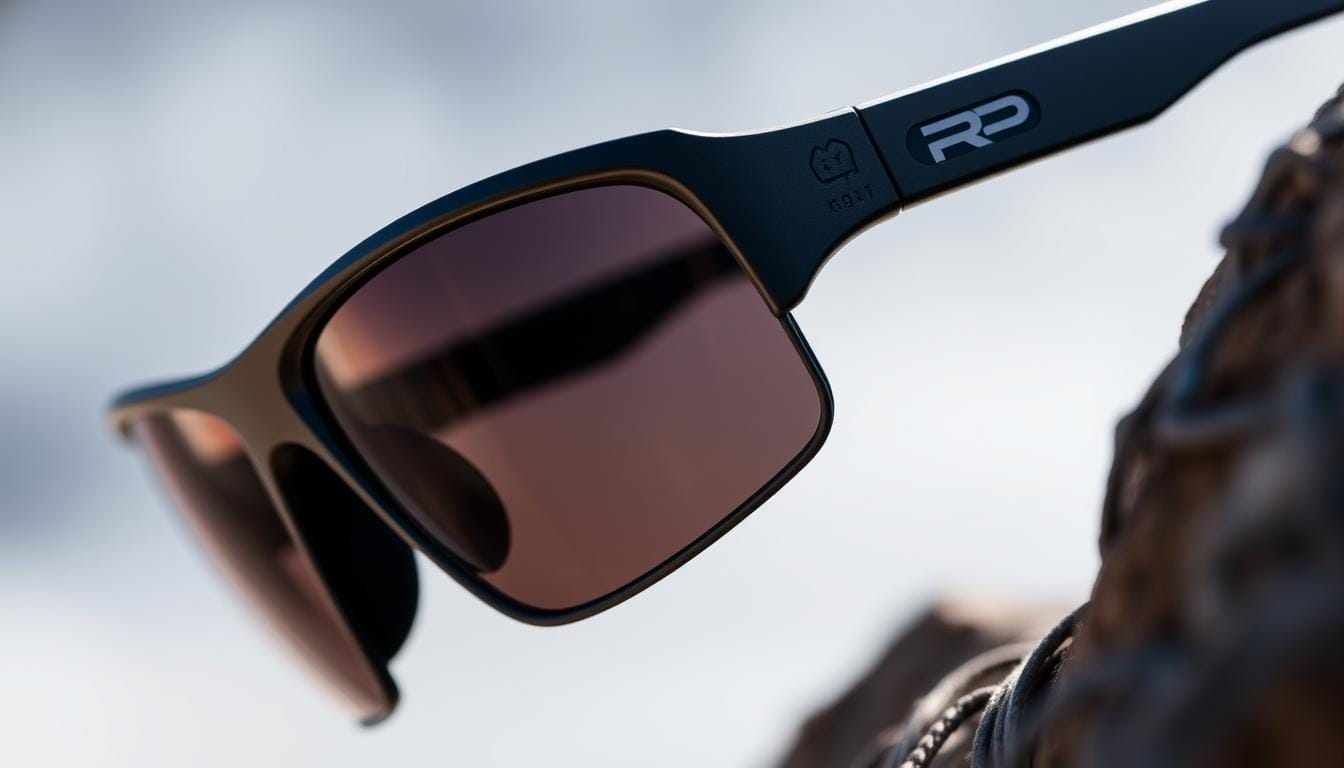 Roka SR-1X customizable sunglasses, designed for active lifestyles. A sleek, low-profile frame with interchangeable lenses in various tints, allowing runners to tailor their vision for different light conditions. The ultra-lightweight, flexible frame and adjustable nose pads ensure a secure, comfortable fit that won't slip during intense workouts. Detailed close-up view showcasing the intricate textures, matte finish, and subtle branding, set against a softly blurred, atmospheric background to emphasize the product's refined, high-quality design.