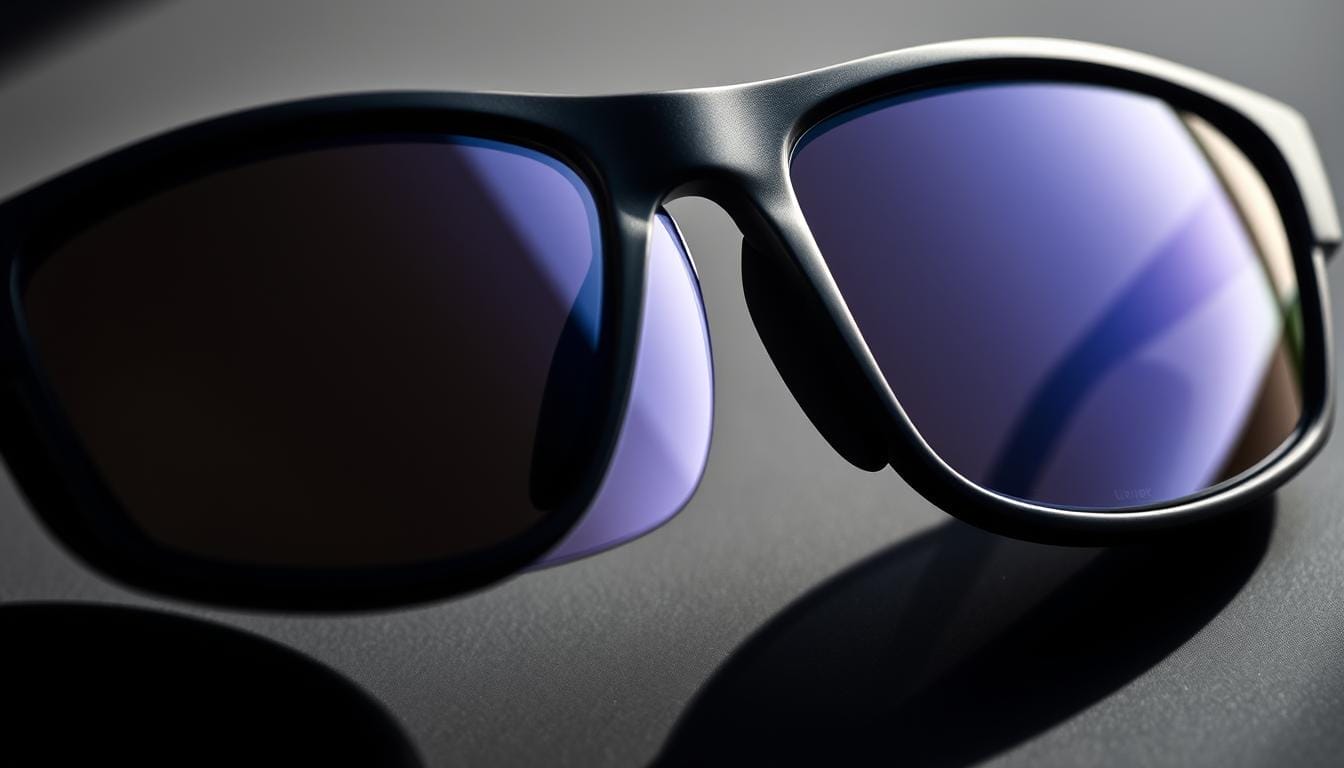 A close-up shot of a pair of cycling sunglasses with photochromic lenses. The lenses dynamically adjust their tint, transitioning from light to dark depending on the ambient light conditions. The frame is sleek and aerodynamic, with a matte black finish. The lenses are slightly curved to provide a wide field of view and reduce glare. Crisp highlights and shadows accentuate the intricate lens technology, showcasing the advanced lens coatings and precise optical engineering. The overall tone is one of technical sophistication, conveying the importance of high-performance eyewear for cyclists.