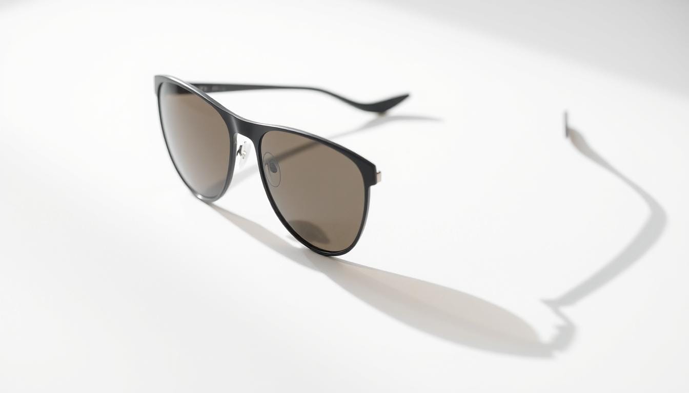 A close-up shot of a pair of lightweight, sporty cycling sunglasses with slender, wraparound frames in a matte finish. The lenses are tinted in a neutral shade, offering glare reduction and UV protection. The sunglasses are positioned on a white background, with soft, diffused lighting creating gentle shadows and highlights that accentuate the sleek, minimalist design. The overall composition emphasizes the sunglasses' suitability for smaller facial features, capturing their proportions and fit in a visually appealing manner.