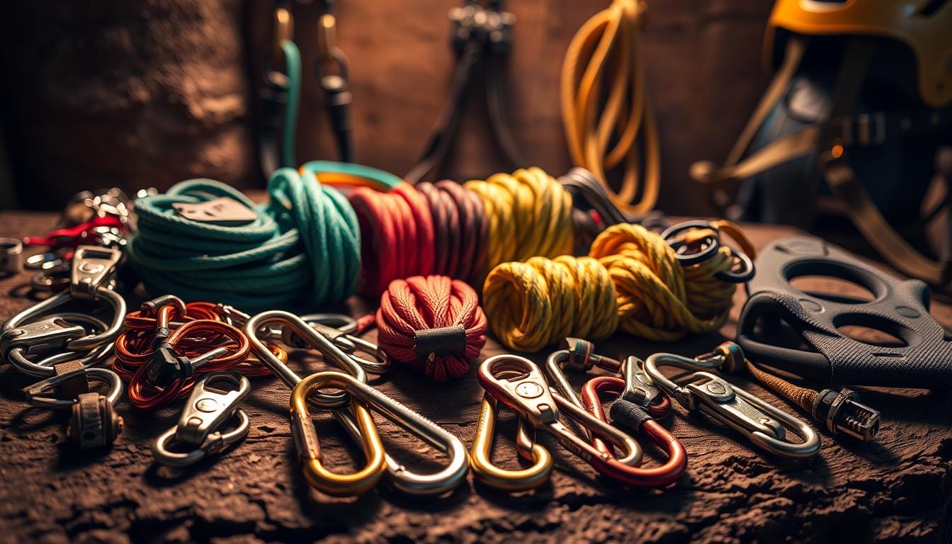 A collection of premium climbing gear meticulously arranged on a rugged wooden surface, bathed in warm, directional lighting. In the foreground, an array of carabiners, ascenders, and belay devices gleam with attention to detail. The middle ground showcases a variety of vibrant climbing ropes coiled with precision. In the background, technical harnesses and helmets stand ready, conveying a sense of adventure and preparation. The overall scene exudes a mood of quality, durability, and a passion for the outdoor experience.