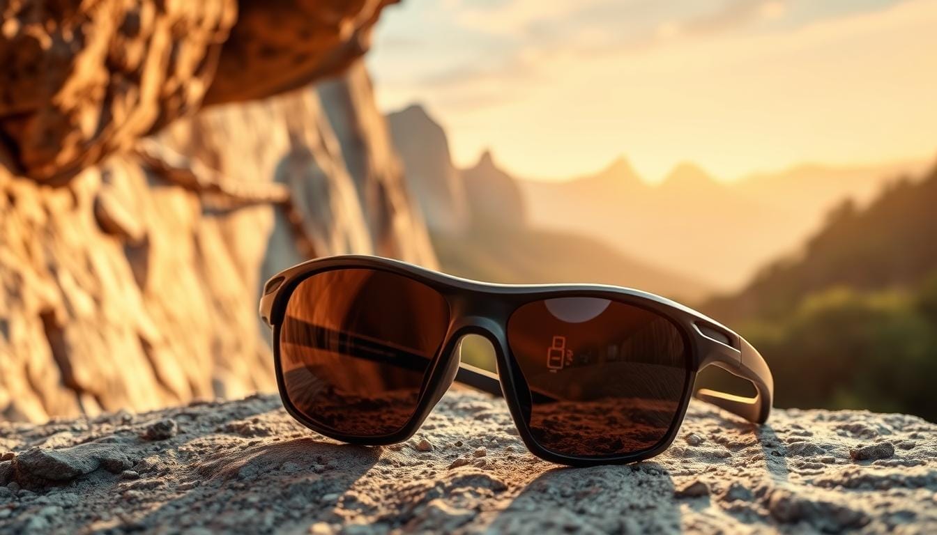 A pair of high-quality athletic sunglasses rests against a rugged rock face, its sleek, aerodynamic frame and tinted lenses reflecting the warm, golden light of the sun. The glasses are positioned to showcase their unique design features, such as wraparound coverage and adjustable nose pads, which are essential for secure, comfortable wear during climbing activities. In the background, a serene, natural landscape unfolds, with towering peaks and lush, verdant foliage, creating a sense of adventure and exploration. The overall scene conveys the perfect blend of style, functionality, and the outdoors, highlighting the benefits of investing in discounted, top-tier athletic sunglasses for climbing enthusiasts.