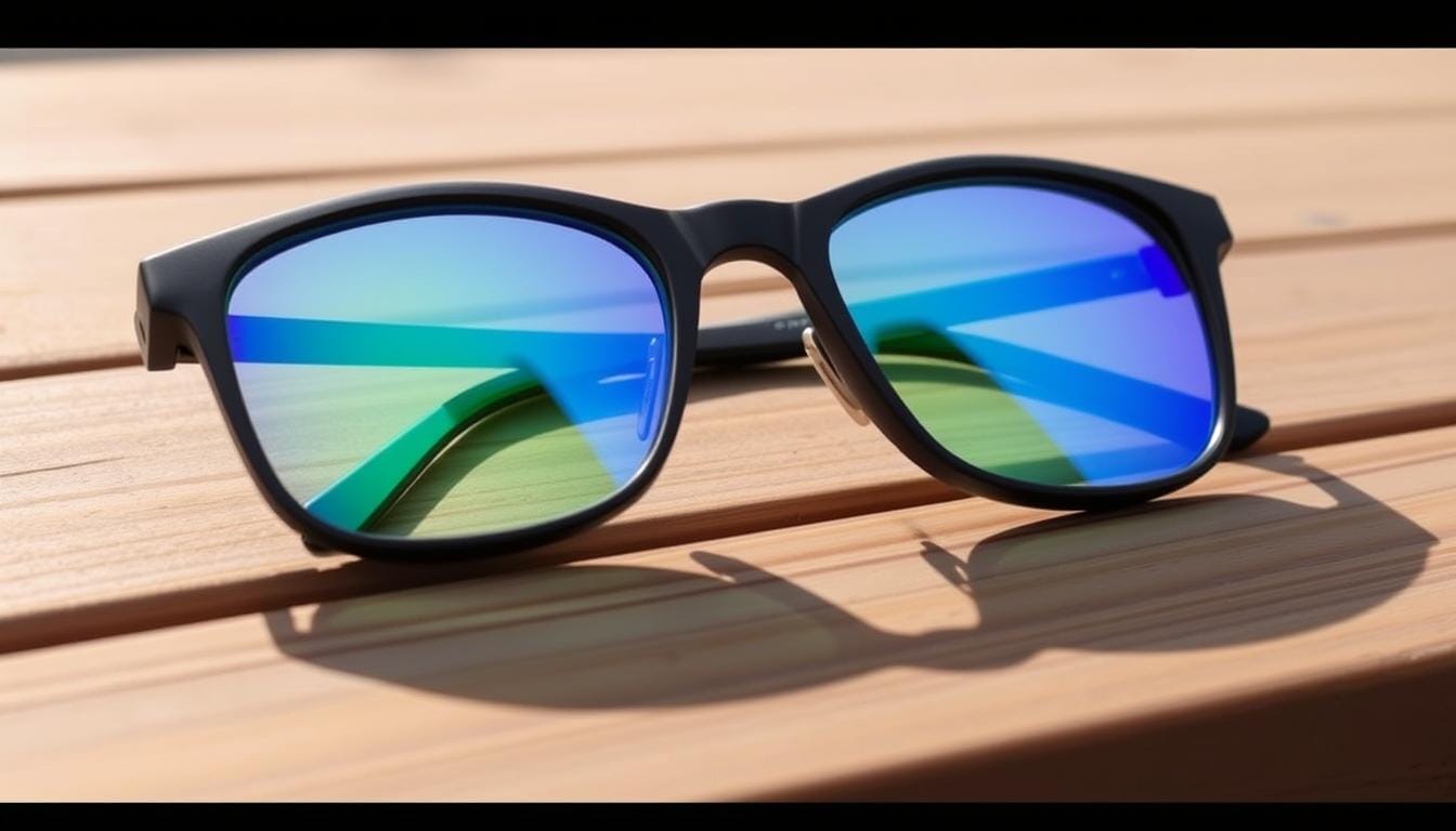 A stylish pair of Julbo Spark eyewear for smaller faces, resting on a wooden surface. The matte black frames have a sleek, modern design with subtly curved temples. The lenses, tinted a vibrant blue-green hue, reflect the natural light with a crisp, high-contrast clarity. The eyewear is positioned at a slight angle, casting a soft shadow on the surface below. The overall scene conveys a sense of sporty sophistication, perfectly suited for active individuals with smaller facial features.