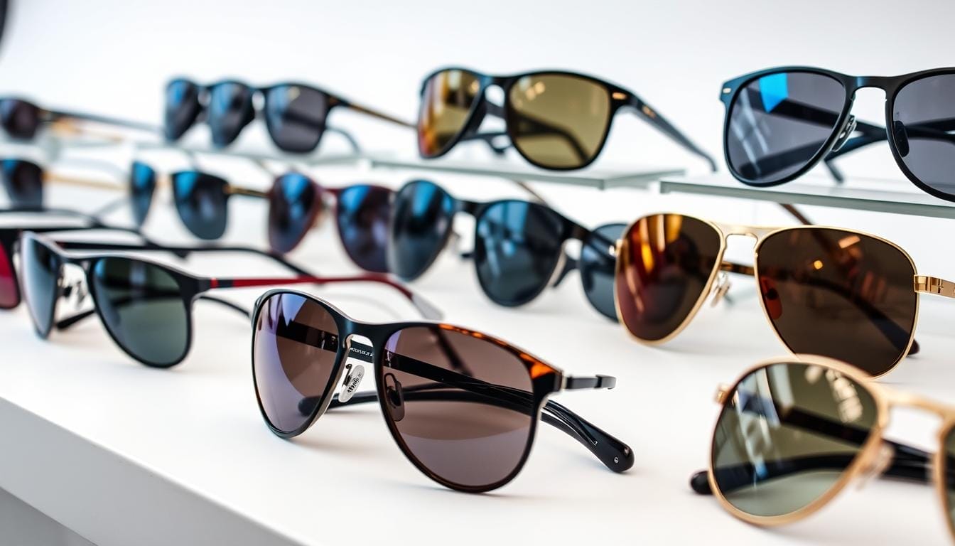 Detailed display of stylish eyewear for various face shapes, captured in a well-lit studio setting. Showcase a diverse range of high-quality sports sunglasses with premium lenses and frames, meticulously arranged to highlight their unique features and suitability for different face types. Emphasize elegant, modern designs that seamlessly blend function and fashion, creating an aspirational, yet relatable visual experience. Capture the glasses from multiple angles, showcasing their sleek profiles, vibrant colors, and reflective surfaces. Ensure a clean, uncluttered background that allows the eyewear to take center stage, conveying a sense of sophistication and product expertise.